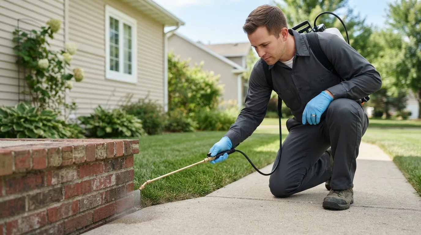 Pest control technician treating a home near Oak Bluffs, MA